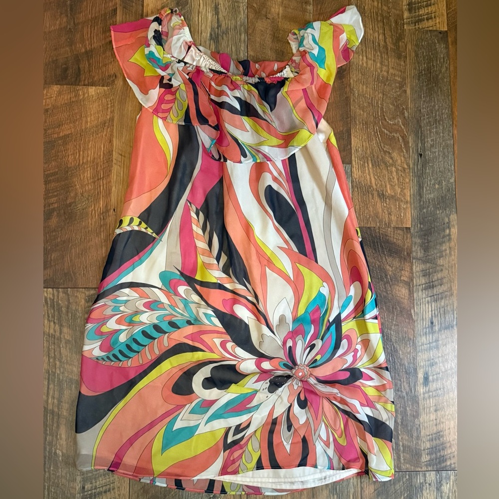 Trina Turk abstract summer off shoulder silk dress size small s